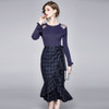 Bright Silk Sweater + Irregular Plaid Pattern One-piece Ruffle Skirt Suit (Color:Dark Blue Size:XL)