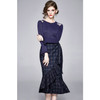 Bright Silk Sweater + Irregular Plaid Pattern One-piece Ruffle Skirt Suit (Color:Dark Blue Size:M)