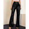 Loose Casual Flared Trousers PU Leather Pants For Ladies (Color:Black Size:M)