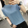 Round Neck Bright Silk Short Sleeve (Color:Blue Size:S)