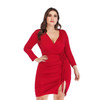 V-Neck Long Sleeve Split Package Hip Plus Size Dress (Color:Red Size:XL)