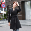 Suit Tie Waistband Waist Slit Windbreaker Trench Coat Long Cardigan Jacket (Color:Black Size:XL)