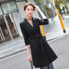 Suit Tie Waistband Waist Slit Windbreaker Trench Coat Long Cardigan Jacket (Color:Black Size:XXL)