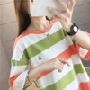 Loose Striped Small Zou Ju Short Sleeve Casual T Shirt Women (Color:Green Size:XXL)