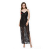 V-neck Sling Rose Embroidery Backless Lace Slit Dress (Color:Black Size:M)