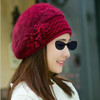 Autumn and Winter Women Rabbit Fur Plus Velvet Flower Knitted Warm Hat Beret, Size:One Size(Red Wine)