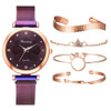 Ladies Magnet Buckle Watch Casual Flower Dial Watch Alloy Mesh Quartz Watch(Purple+Bracelet)