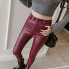 Frosted Matte Stretch Skinny High-waisted Trousers (Color:Red Thin Velvet Size:S)