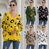 Fashion Leopard V-neck Hole Knit Sweater (Color:Khaki Size:S)