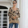 Fashion Leopard V-neck Hole Knit Sweater (Color:Khaki Size:S)