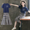 Girls Short Sleeve + Plaid Skirt Two-piece Suit (Color:Blue Size:160)