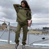 Spring Autumn Solid Color Big Pocket Casual Hooded Sweater + Trousers Set for Women (Color:Army Green Size:S)