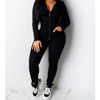 Spring Solid Color Tight-fitting Casual Hooded Sweater + Trousers Suit for Ladies (Color:Black Size:M)