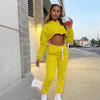 2 in 1 Autumn Winter Plus Velvet Thick Solid Color Cropped Hooded Sweater Set for Ladies (Color:Yellow Size:M)