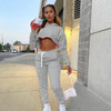 2 in 1 Autumn Winter Plus Velvet Thick Solid Color Cropped Hooded Sweater Set for Ladies (Color:Grey Size:L)