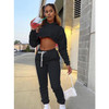 2 in 1 Autumn Winter Plus Velvet Thick Solid Color Cropped Hooded Sweater Set for Ladies (Color:Black Size:XL)