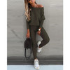 2 in 1 Autumn Pure Color Slanted Shoulder Long Sleeve Sweatshirt Set For Ladies (Color:Army Green Size:XL)