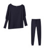 2 in 1 Autumn Pure Color Slanted Shoulder Long Sleeve Sweatshirt Set For Ladies (Color:Dark Blue Size:L)