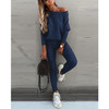 2 in 1 Autumn Pure Color Slanted Shoulder Long Sleeve Sweatshirt Set For Ladies (Color:Dark Blue Size:L)