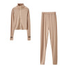 2 In 1 Autumn Solid Color High-neck Zipper Sweater + Trousers Suit For Ladies (Color:Khaki Size:L)