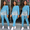 Fall Gradient Casual Long-sleeved Sweatshirt + Trousers Suit For Ladies (Color:Sky Blue Size:S)