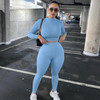 Fall Winter Solid Color Slim Fit Long-sleeved Sweatshirt + Trousers Suit for Ladies (Color:Blue Size:L)