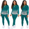 Fall Gradient Casual Long-sleeved Sweatshirt + Trousers Suit For Ladies (Color:Dark Green Size:XXL)