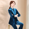 Autumn Winter Smooth Lapel Gold Velvet Fabric Suit Jacket + Trousers Suit for Ladies (Color:Blue Size:S)