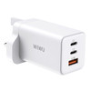 WIWU X-TR-259 UK Plug 65W USB A+Dual USB C Wall Charger 3 Port GaN Fast Wall Charger Power Adapter for Laptop Cell Phone Game Console and Other Devices