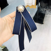 Ladies Wild Long Bow Tie Pearl Rhinestone Bow-knot Brooch Clothing Accessories(Navy)