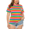 Large Size Women Rainbow Stripe Loose Comfortable T-shirt (Color:Red Size:XXXL)