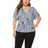 Floral Pineapple Pattern Off-Shoulder V-neck Loose Large Size Top (Color:Blue Size:XXXL)