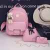 3 in 1 PU Leather Double Shoulders School Bag Travel Backpack Bag with Bear Doll Pendant (Pink)