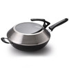 Cast Iron Pointed Round Bottom Uncoated Non-stick Concave Wok, Size:32cm(Single Pot+Lid)