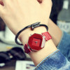 Gem Cut Geometry Crystal Leather Quartz Wristwatch Fashion Watch for Ladies(Red)
