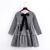 Autumn Girl Cotton Lattice Bow-knot Tie Long Sleeve Dress, Kid Size:120cm(Black and White Lattice)