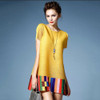 Fold Loose Pleated Round Neck Short Sleeve Dress National Air Commuter (Color:Yellow Size:One Size)