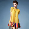 Fold Loose Pleated Round Neck Short Sleeve Dress National Air Commuter (Color:Yellow Size:One Size)