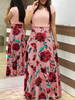 Short Sleeve Printed Round Neck Slim Dress (Color:Pink Size:S)
