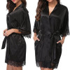 Half Sleeve Robe Women Faux Silk Pajama Sexy Night Dress, Size:L(Black)