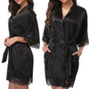 Half Sleeve Robe Women Faux Silk Pajama Sexy Night Dress, Size:L(Black)