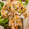 Printed Elastic Waist Strap Off-shoulder Loose Dress (Color:Yellow Size:M)