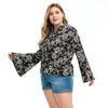 Plus Size Women Printed Round Neck Long Sleeve Chiffon Shirt (Color:Black Size:XXXL)