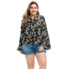 Plus Size Women Printed Round Neck Long Sleeve Chiffon Shirt (Color:Black Size:XXXL)