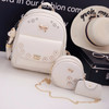 3 in 1 Flower PU Leather Double Shoulders School Bag Travel Backpack Bag with Bear Pendant (White)