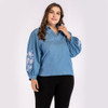 Plus Size Women Printed Embroidered V-Neck Denim Long Sleeve Blouse (Color:Blue Size:XXL)