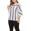 Large Size Women Lace-up Sleeves Top (Color:Blue Size:XL)