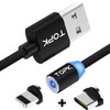 TOPK 2m 2.1A Output USB to 8 Pin + USB-C / Type-C Mesh Braided Magnetic Charging Cable with LED Indicator(Black)