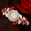 Ladies Retro Round Dial Diamond Petal Bracelet Quartz Watch(Red)