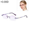 Women Rimless Rhinestone Trimmed Purple Presbyopic Glasses, +3.00D